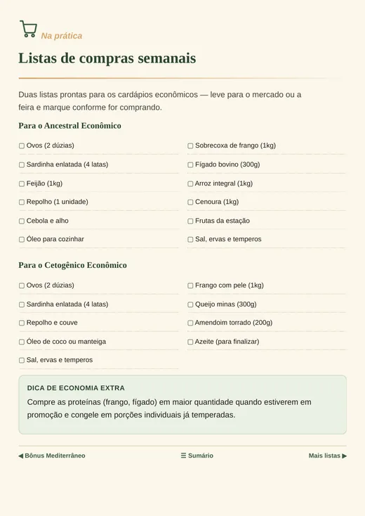 Página com as listas de compras semanais dos cardápios econômicos