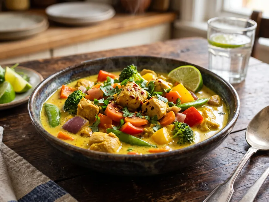 Frango em cubos com legumes num molho cremoso de curry e leite de coco