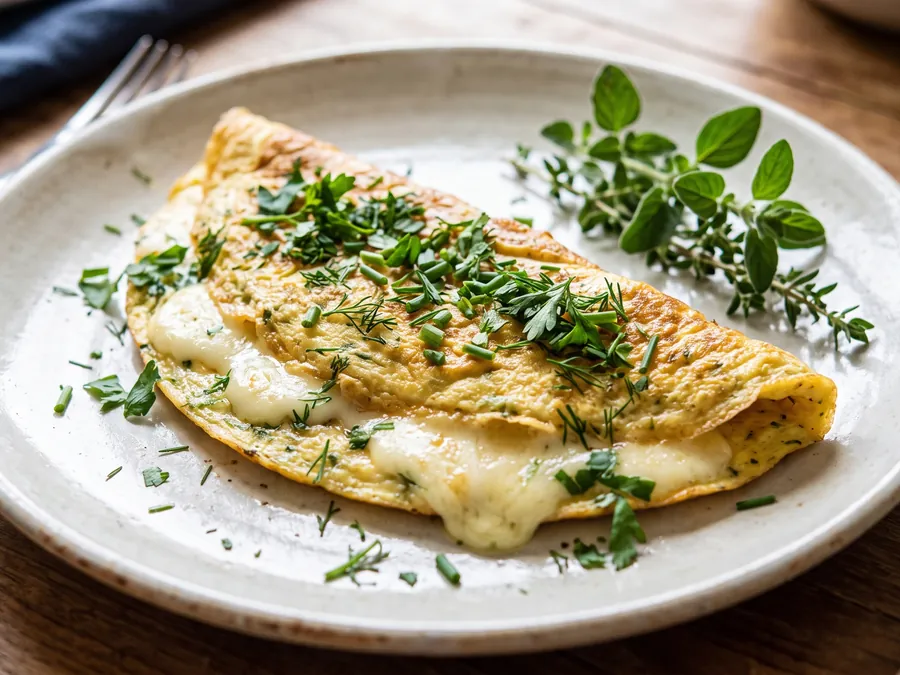 Omelete dobrada com queijo derretido e ervas frescas