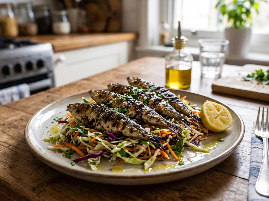 Sardinhas grelhadas sobre salada de repolho fatiado e cenoura ralada, com limão